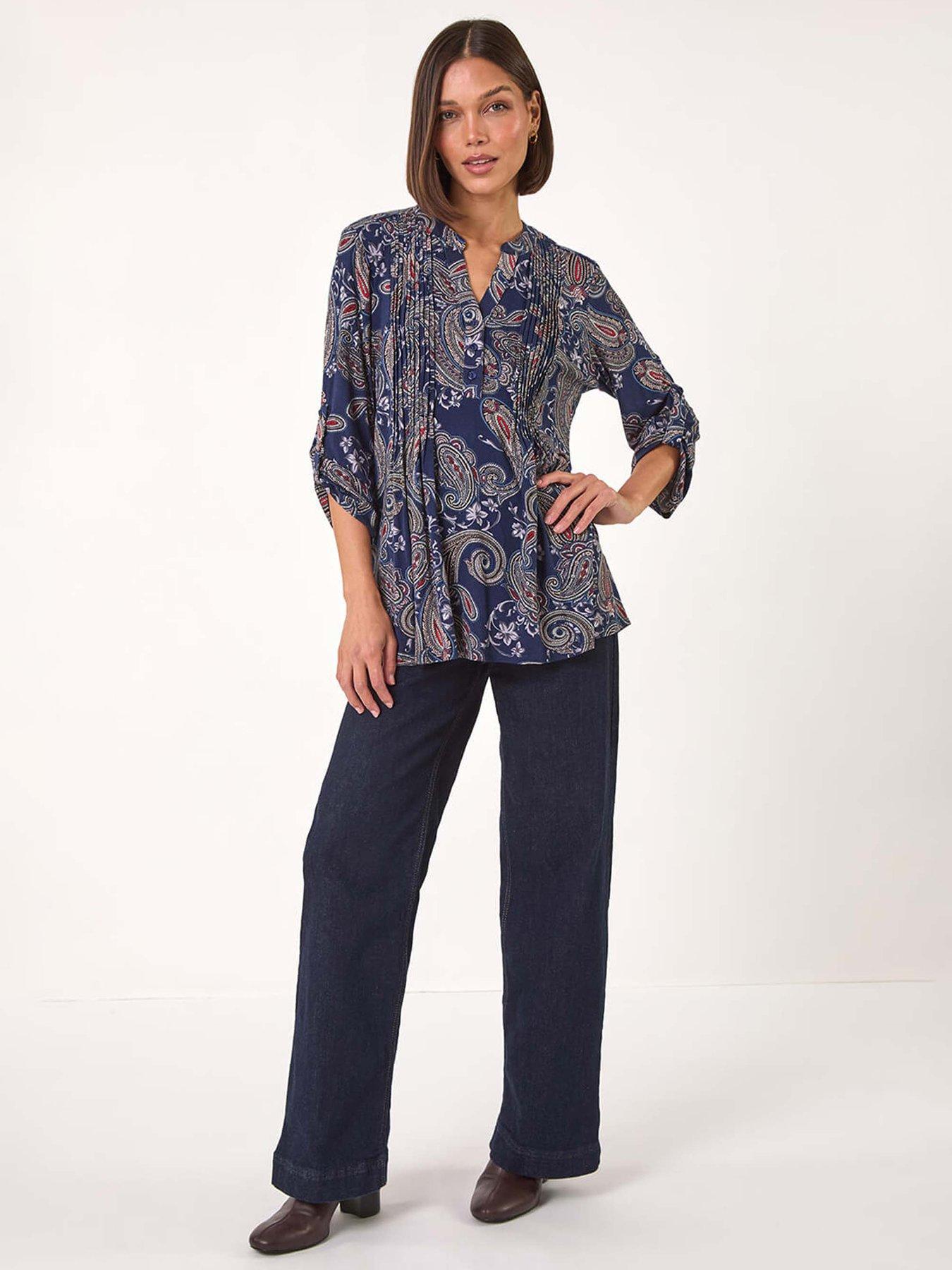  image of roman-paisley-print-pintuck-stretch-shirt-navy