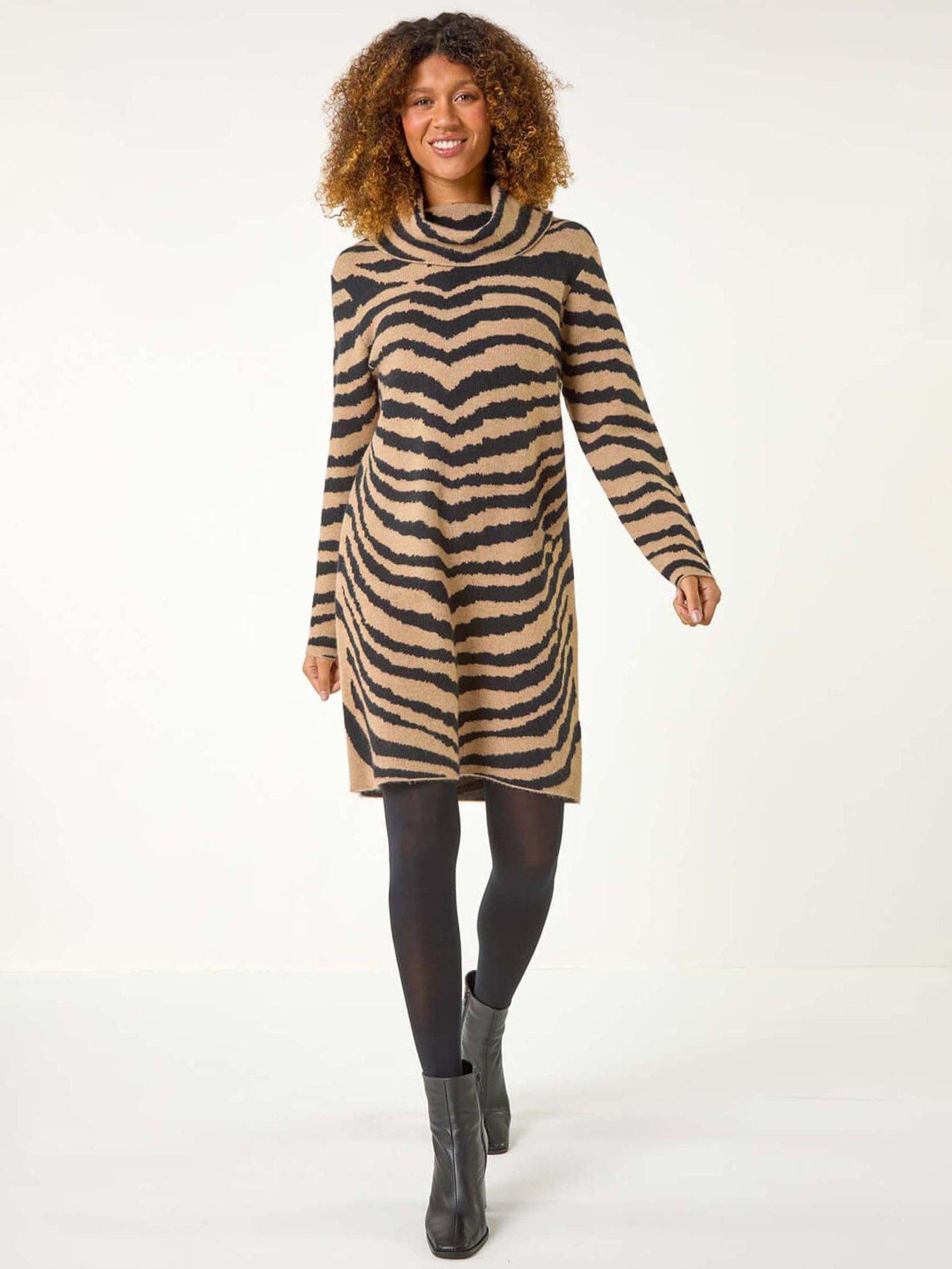 Roman Zebra Print Jacquard Knit Dress - Beige