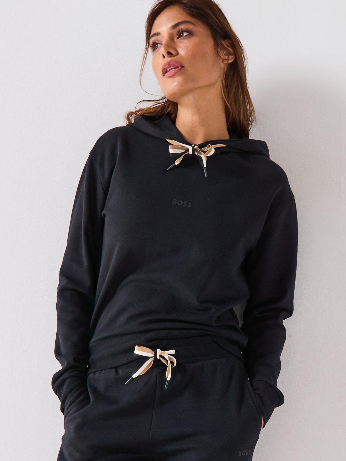 Image 1 of 4 of BOSS Logo Print Hoodie With Signature Stripe Cords - Black