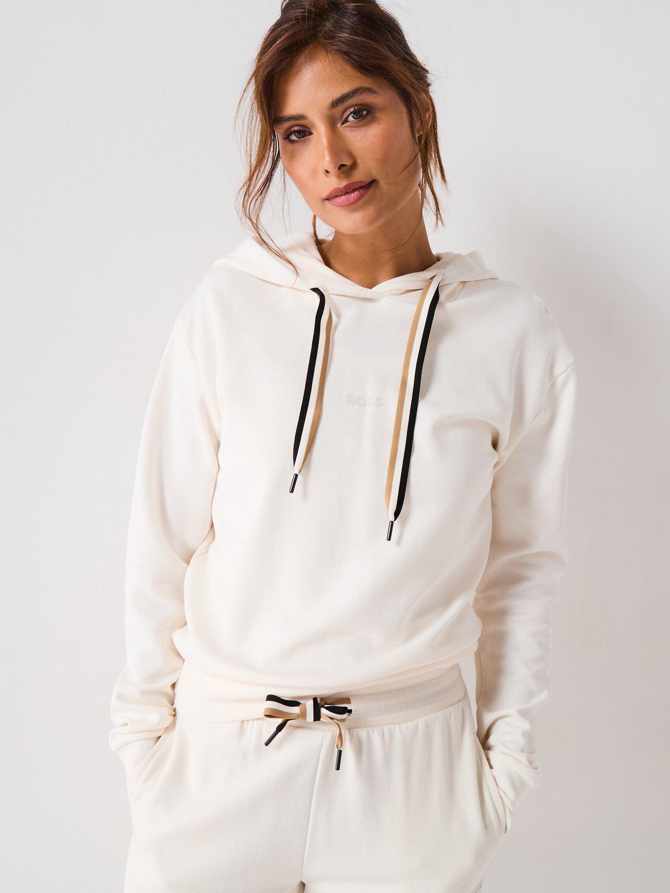 Image 1 of 6 of BOSS Logo Print Hoodie With Signature Stripe Cords - Cream