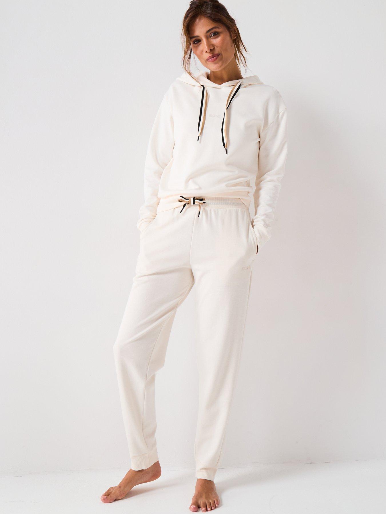 Image 3 of 6 of BOSS Logo Print Hoodie With Signature Stripe Cords - Cream