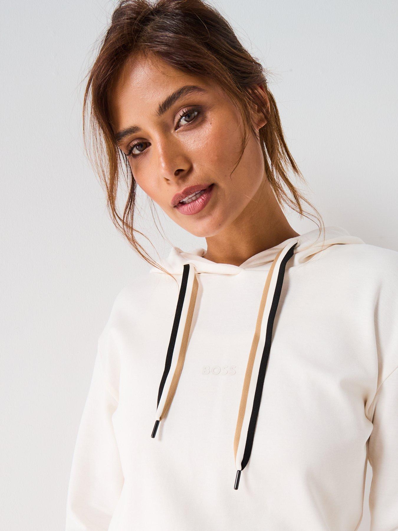 Image 4 of 6 of BOSS Logo Print Hoodie With Signature Stripe Cords - Cream