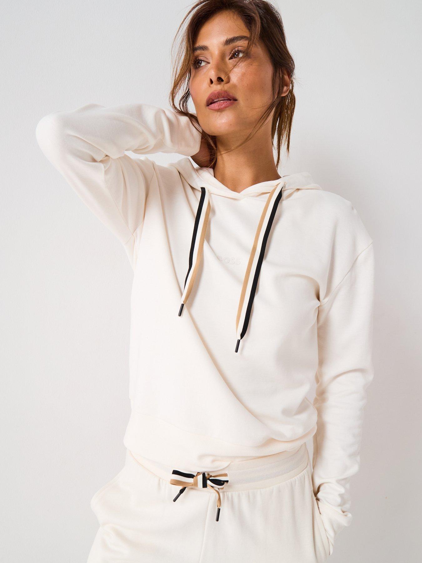 Image 6 of 6 of BOSS Logo Print Hoodie With Signature Stripe Cords - Cream