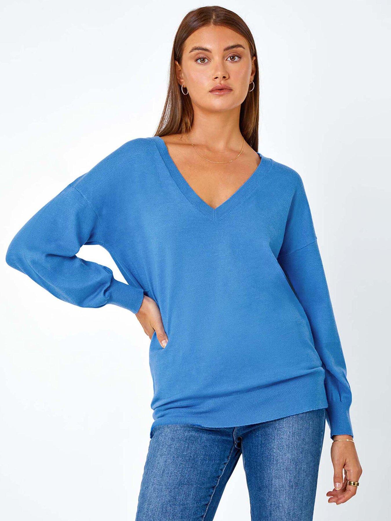  image of roman-plain-stretch-v-neck-longline-jumper-blue
