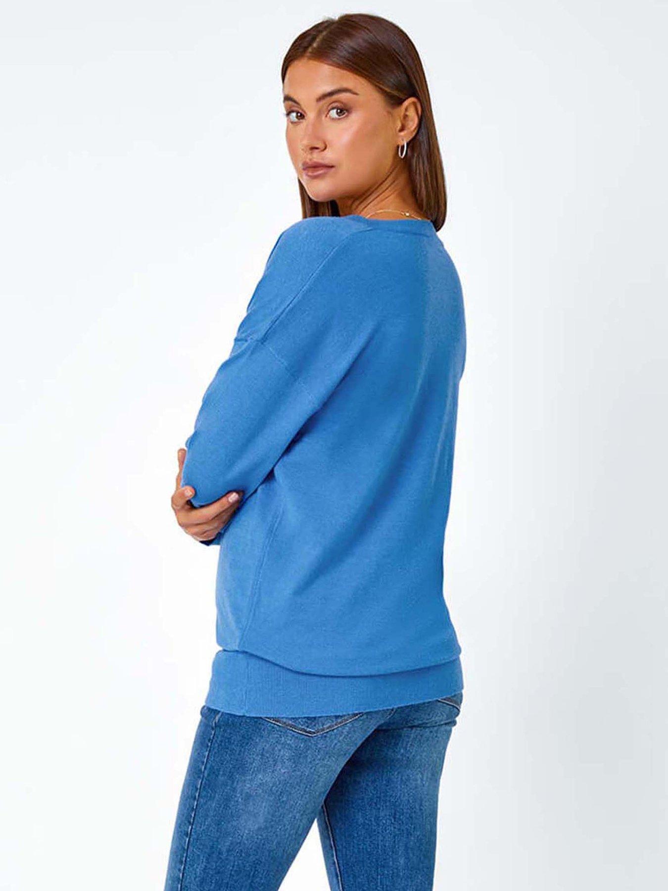  image of roman-plain-stretch-v-neck-longline-jumper-blue