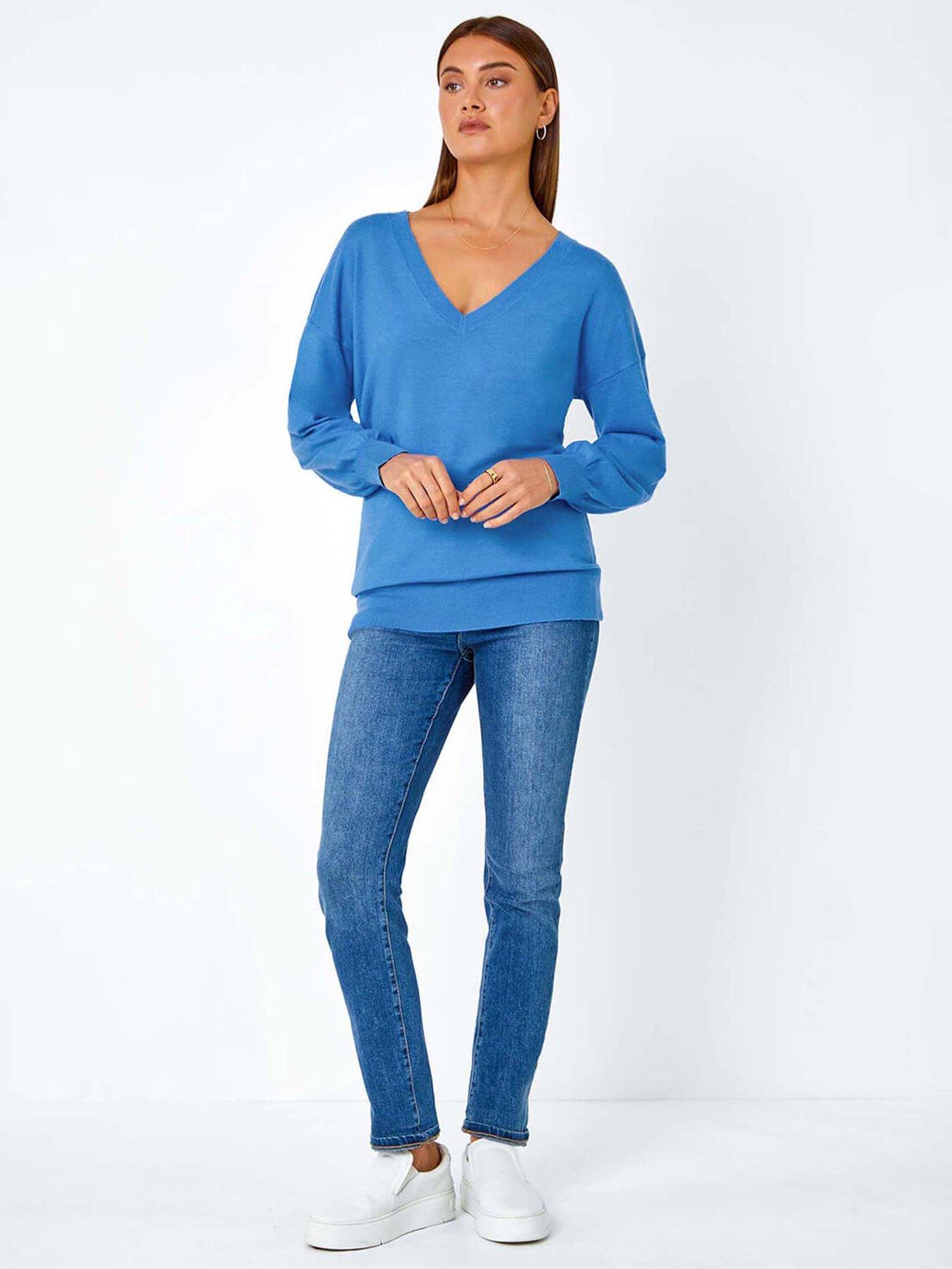  image of roman-plain-stretch-v-neck-longline-jumper-blue