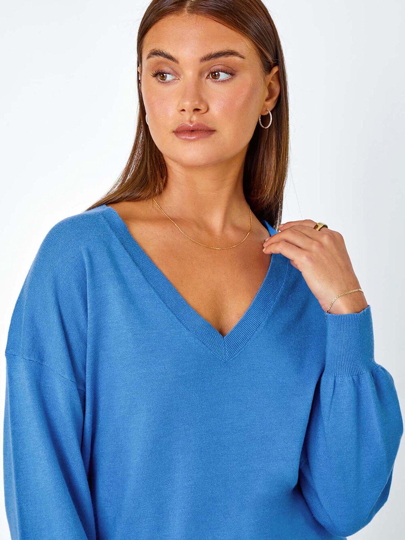  image of roman-plain-stretch-v-neck-longline-jumper-blue