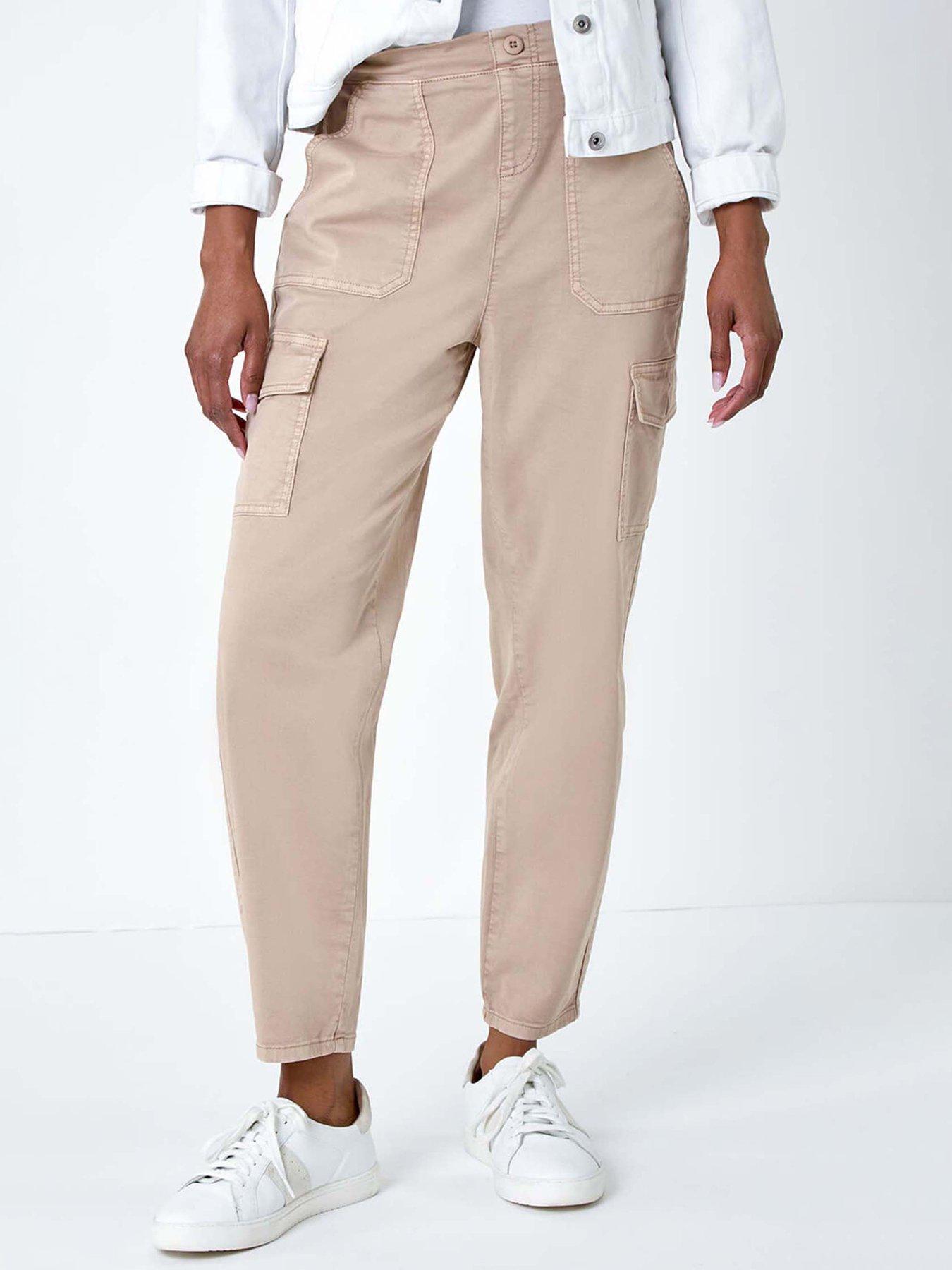 undefined Casual Elastic Waist Cropped Cargo Trousers - Beige