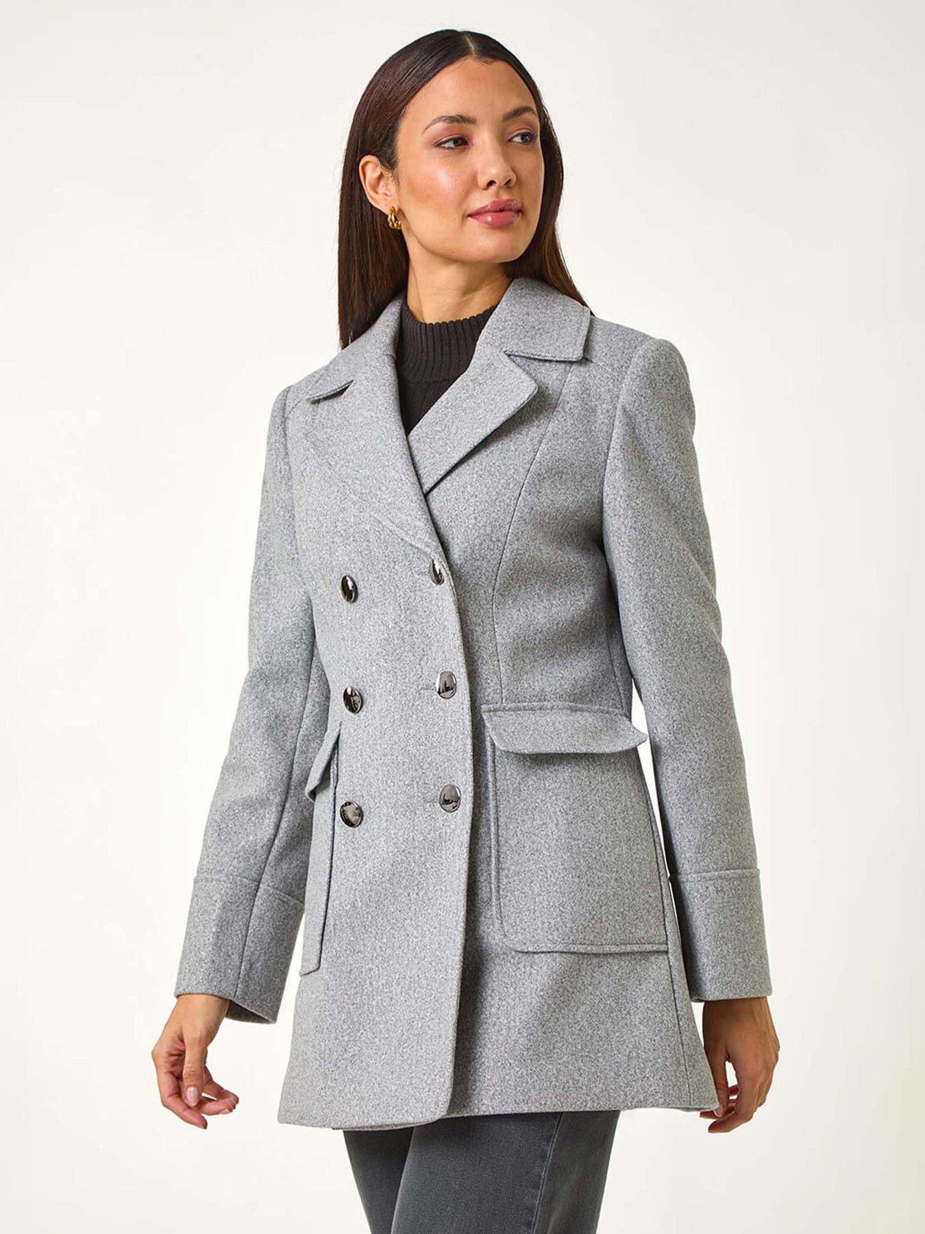 undefined Double Breasted Longline Coat - Grey