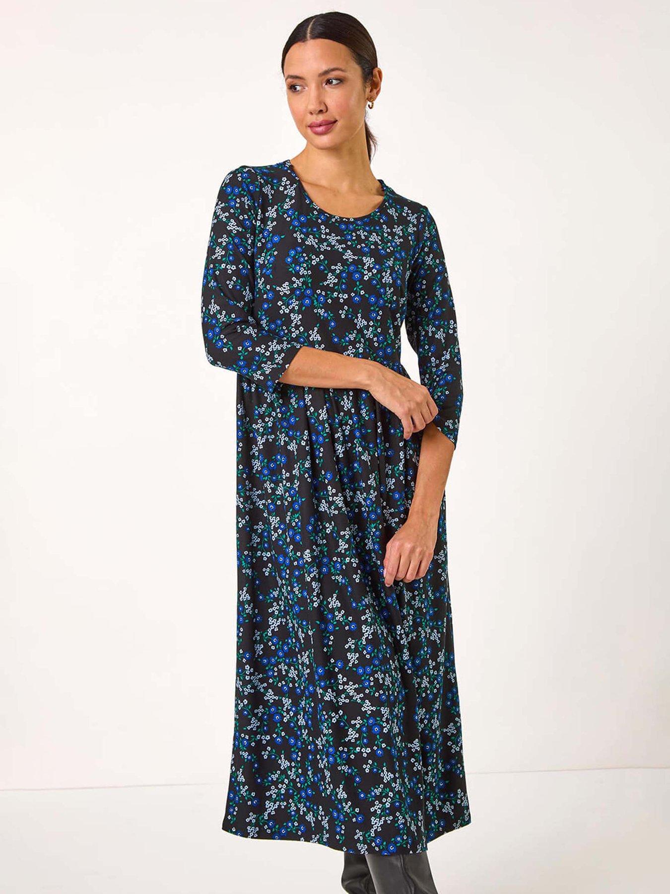  image of roman-gathered-waist-floral-midi-dress-blue