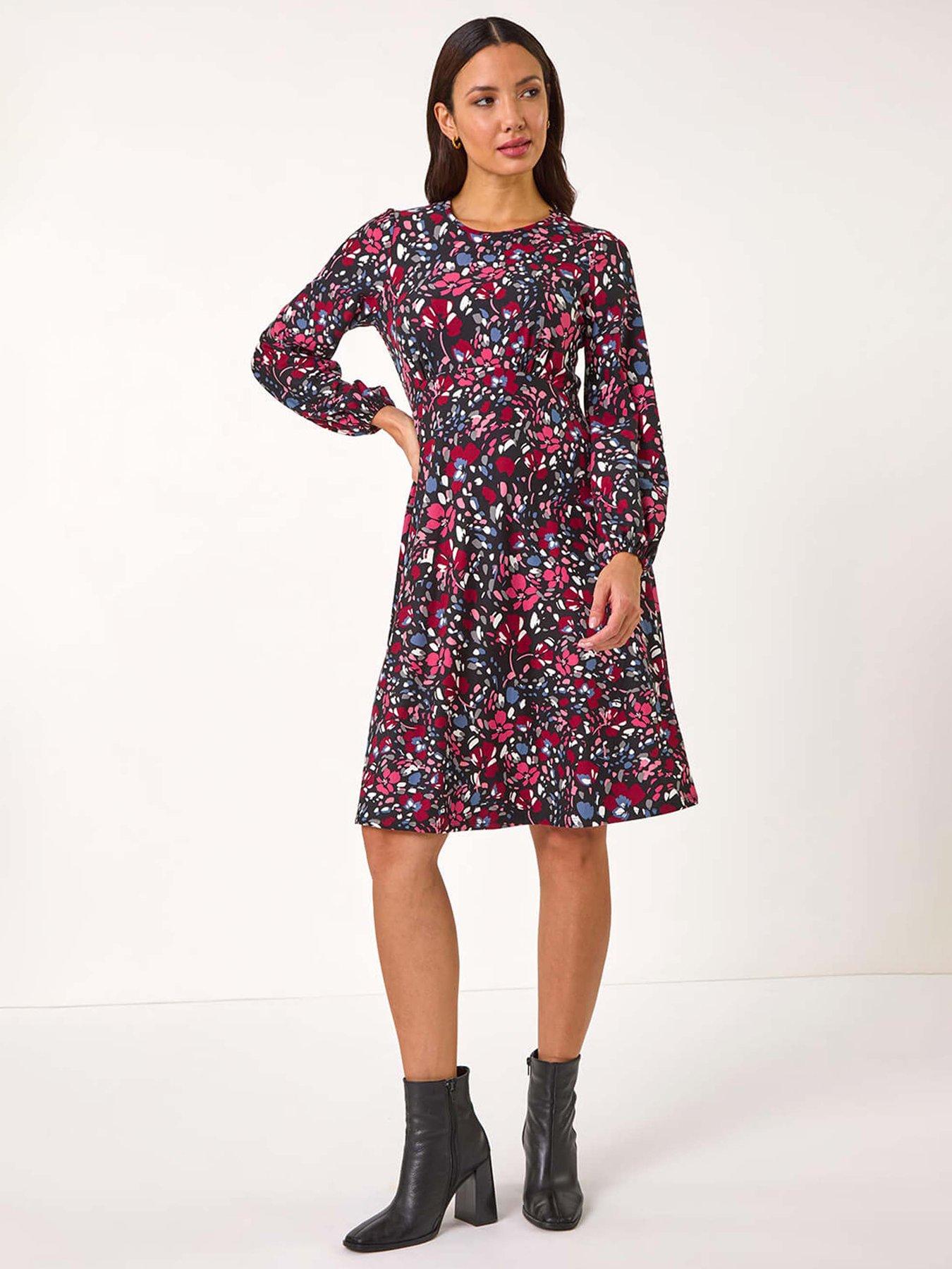 Roman Floral Print Ruched Stretch Dress - Pink