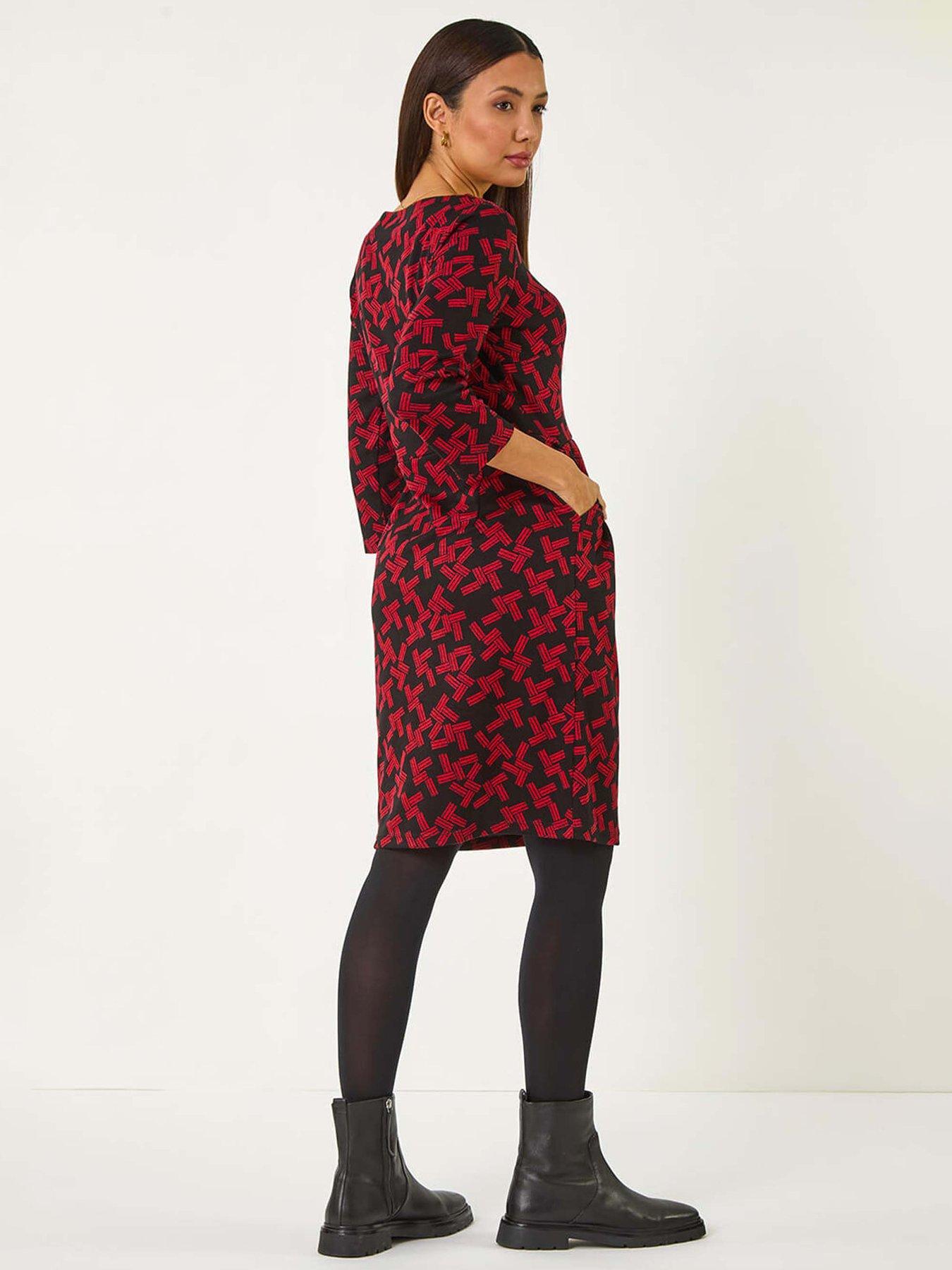 Image 2 of 5 of Roman Geometric Pleated Pocket Shift Dress - Red