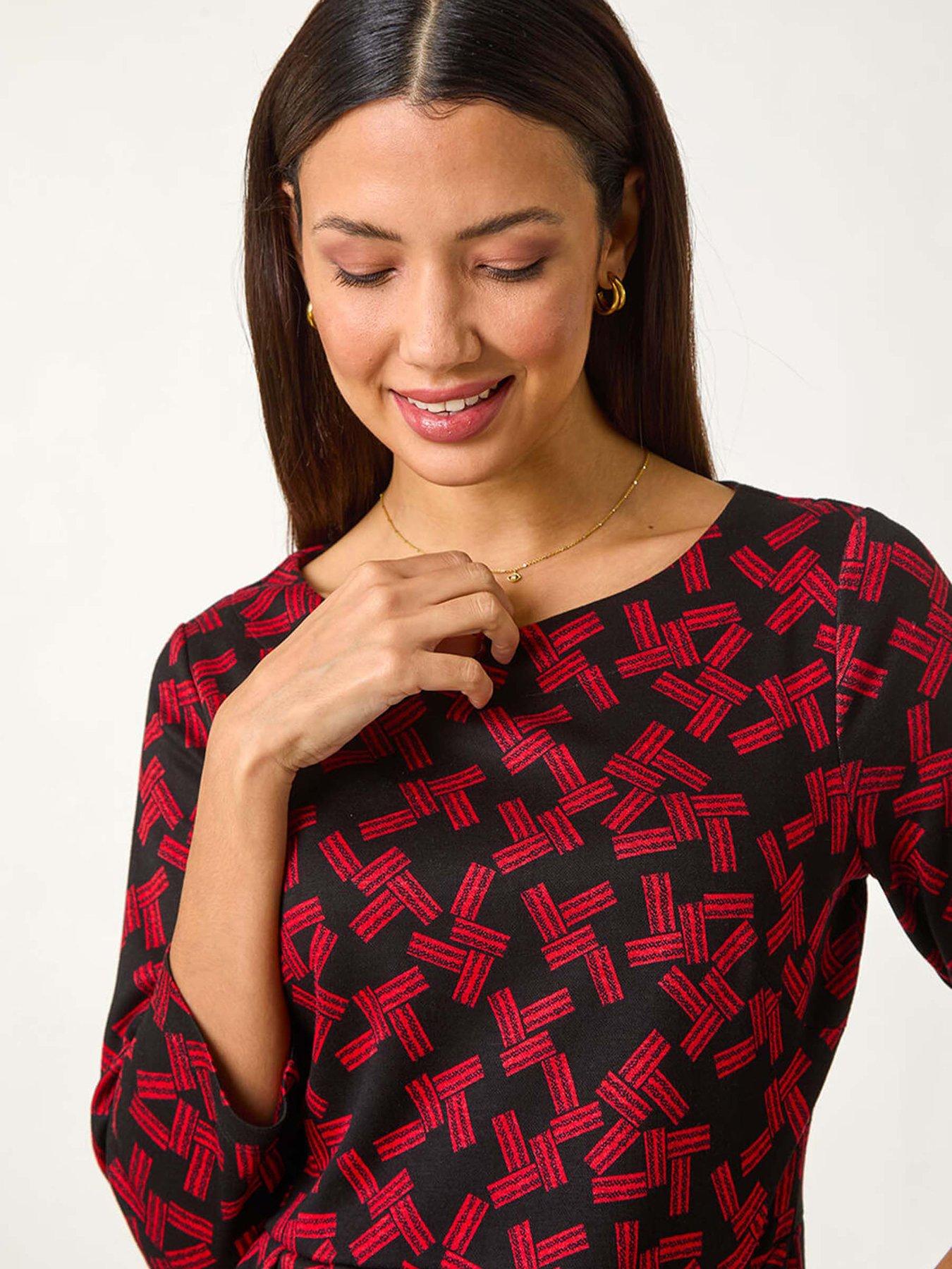 Image 4 of 5 of Roman Geometric Pleated Pocket Shift Dress - Red