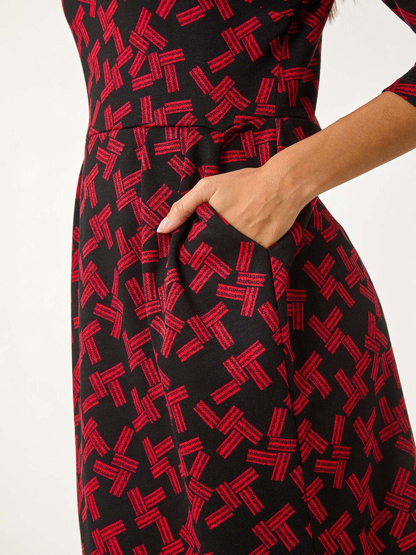 Image 5 of 5 of Roman Geometric Pleated Pocket Shift Dress - Red