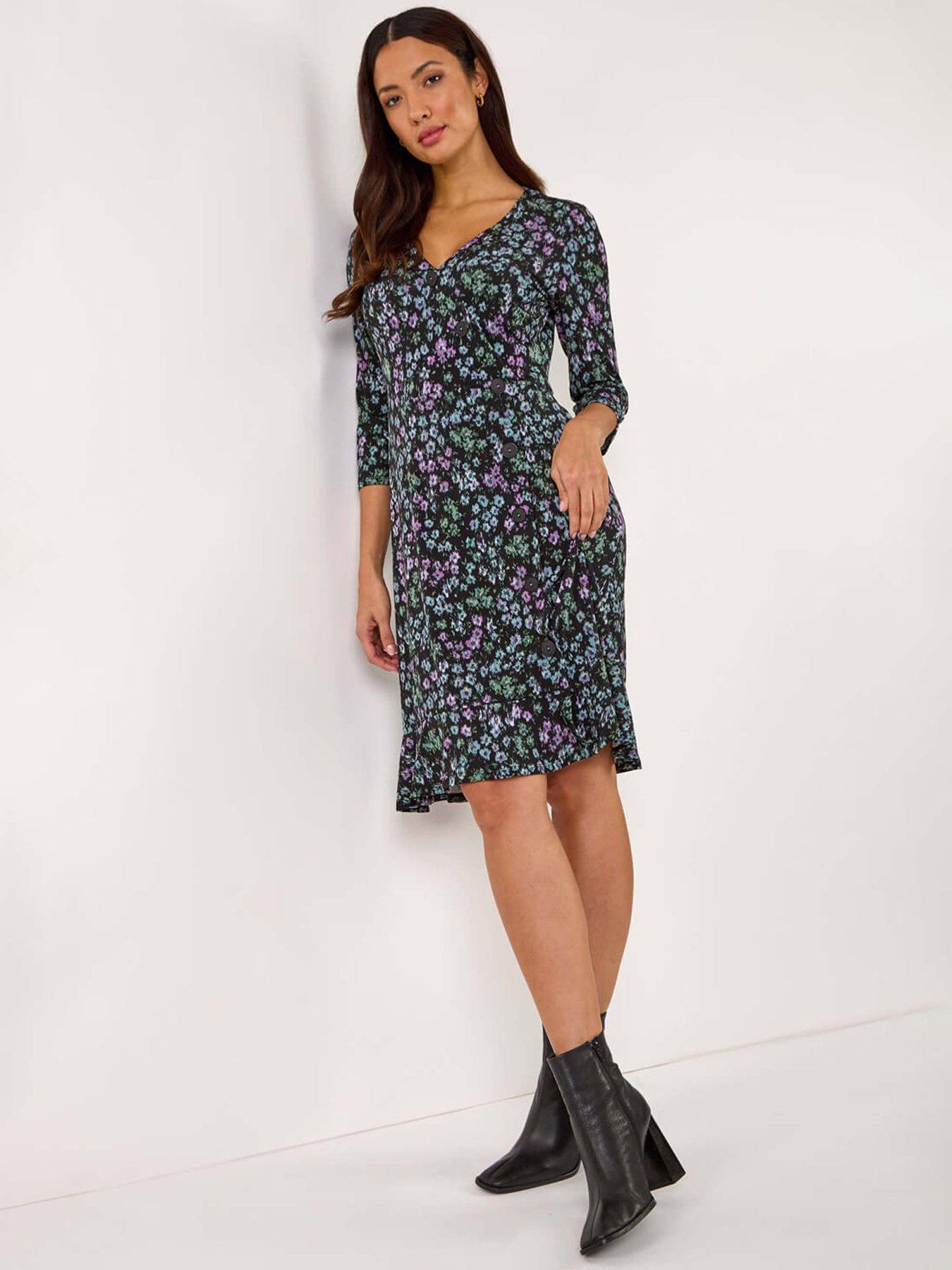 roman-floral-print-side-button-stretch-dress-black