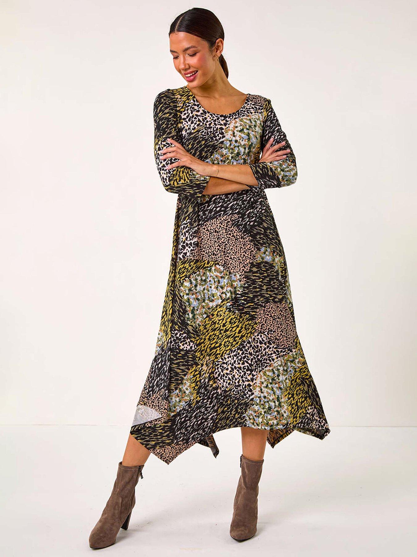 roman-animal-print-hanky-hem-midi-dress-green