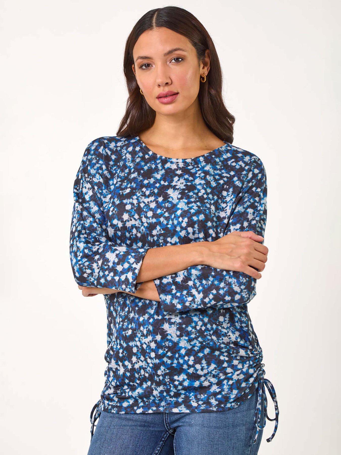  image of roman-abstract-print-side-tie-ruched-top-navy