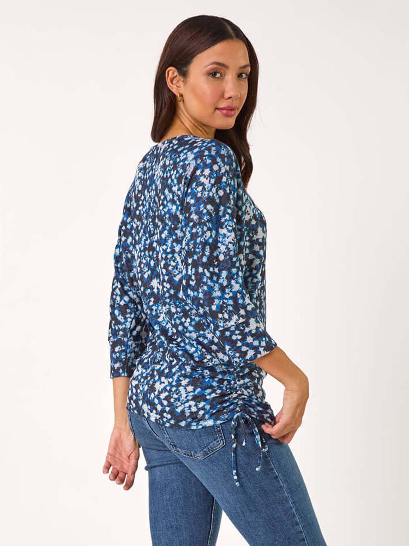  image of roman-abstract-print-side-tie-ruched-top-navy