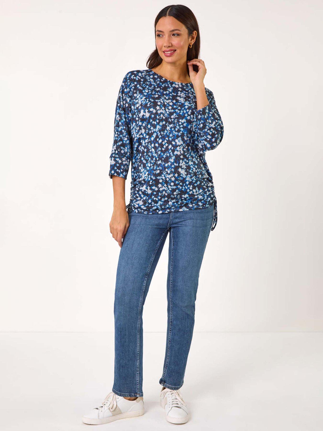  image of roman-abstract-print-side-tie-ruched-top-navy