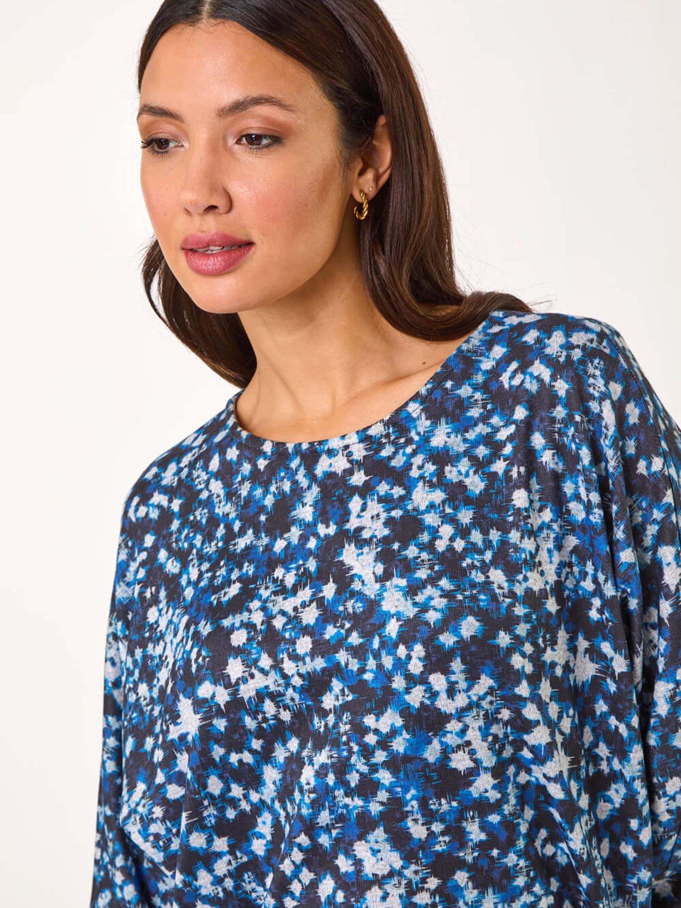  image of roman-abstract-print-side-tie-ruched-top-navy