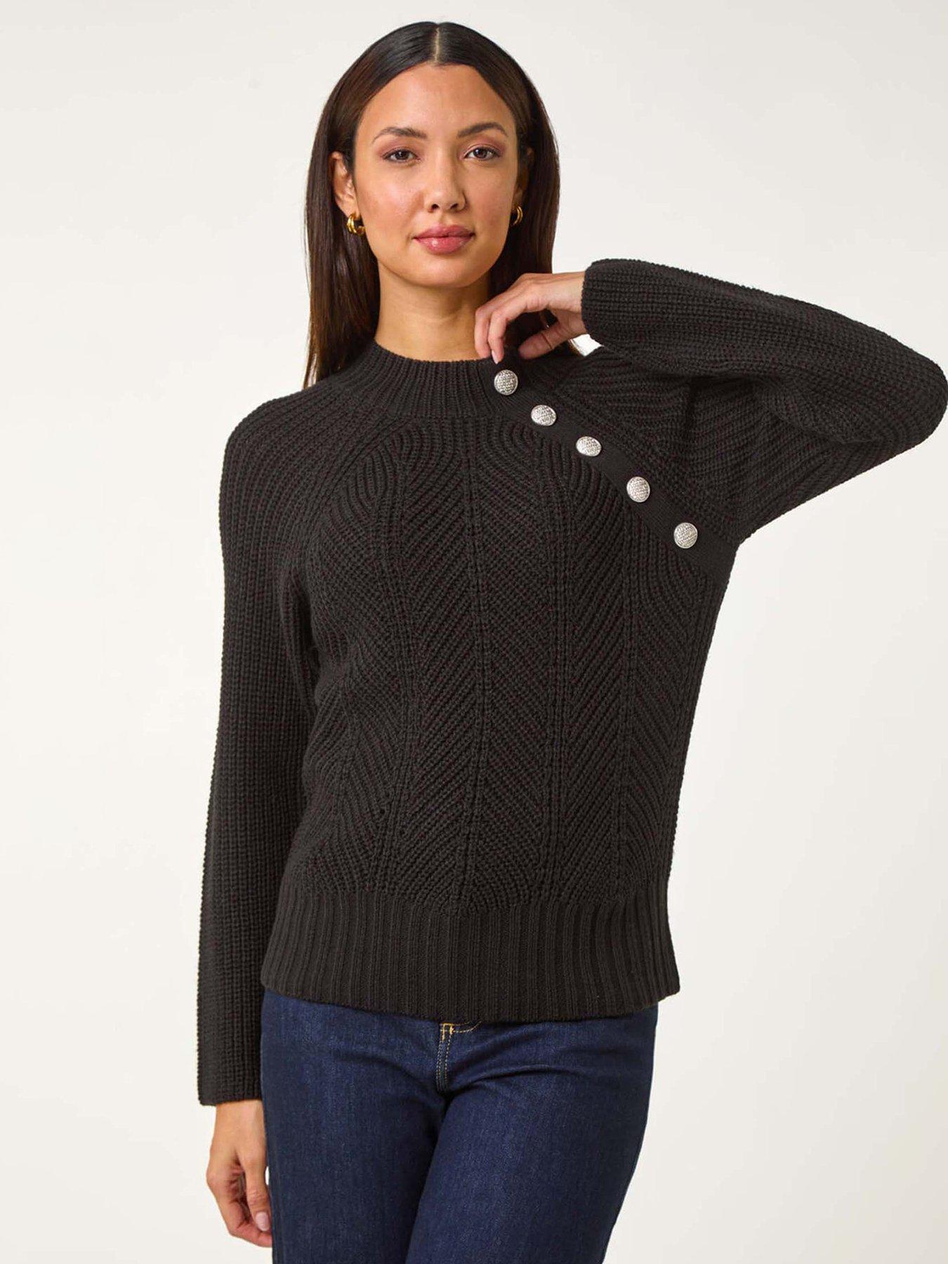 Roman Textured Buttoned Neck Knit Jumper - Black