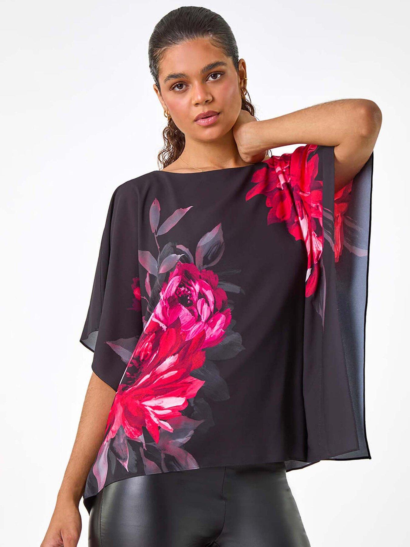 roman-floral-print-chiffon-overlay-top-red