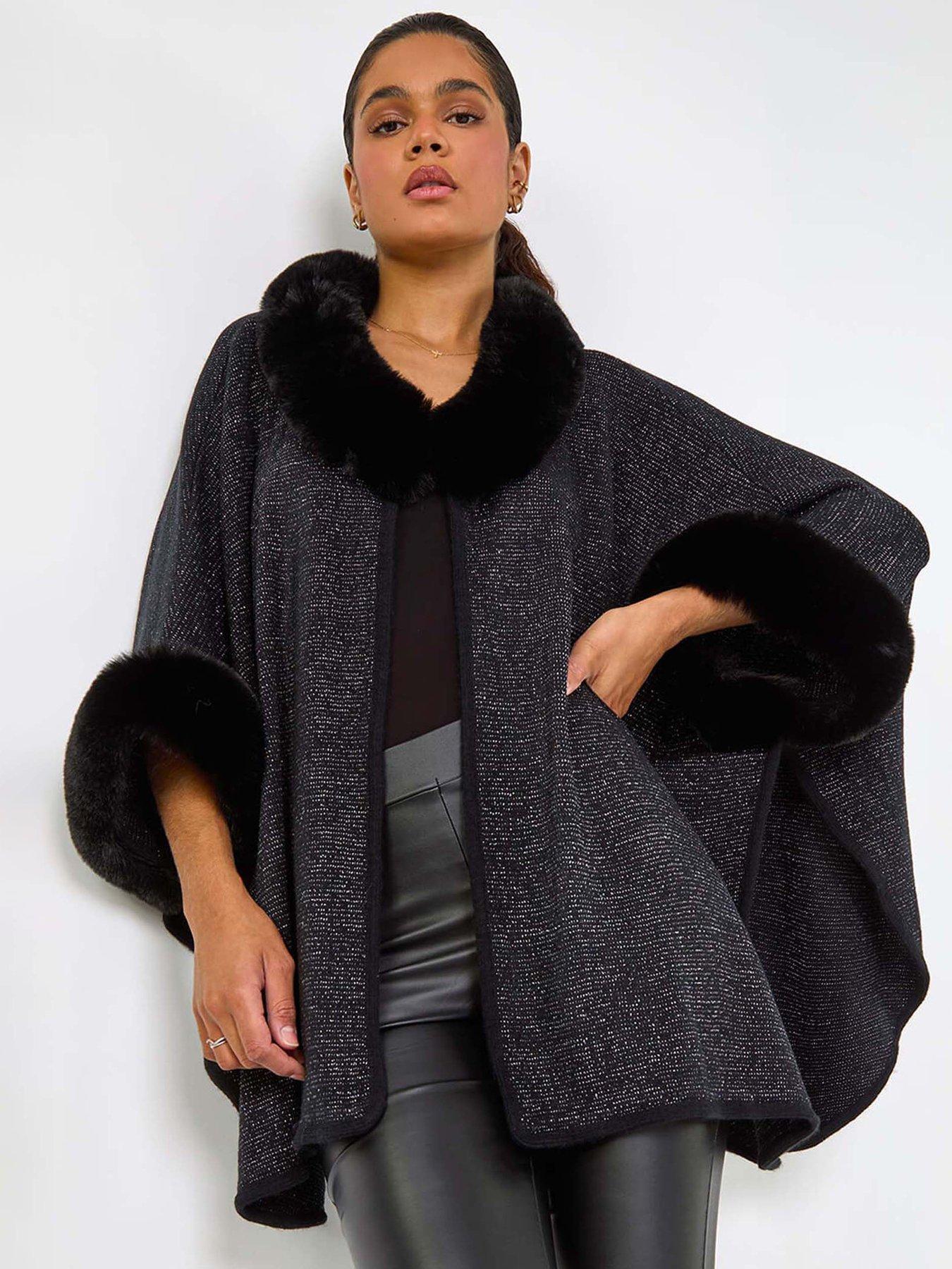 Roman Faux Fur Button Up Poncho - Black