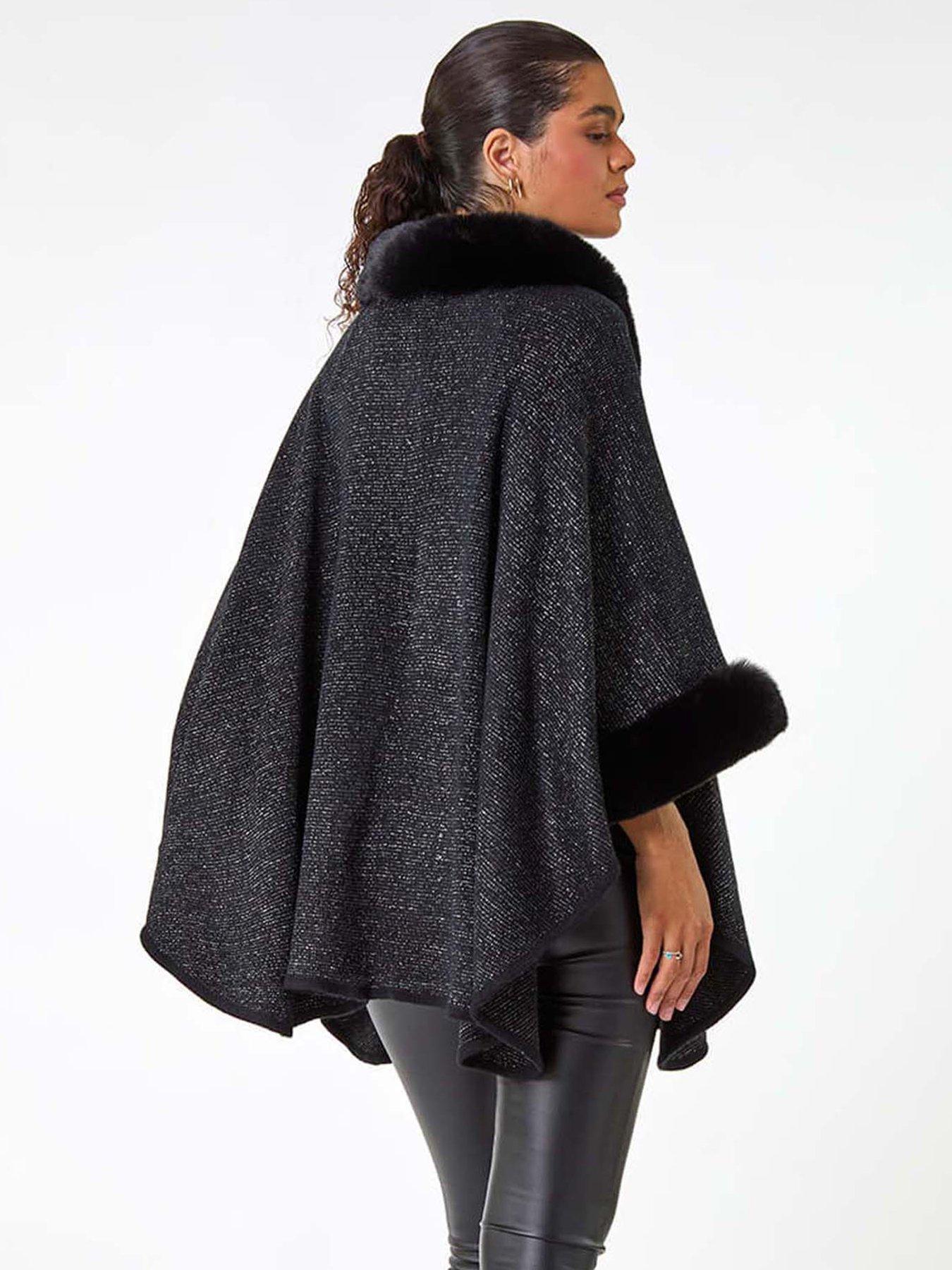  image of roman-faux-fur-button-up-poncho-black