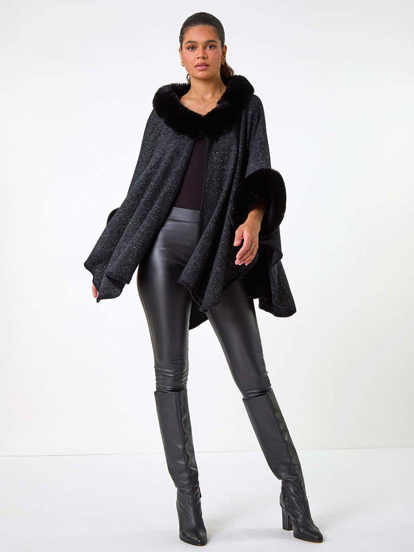  image of roman-faux-fur-button-up-poncho-black
