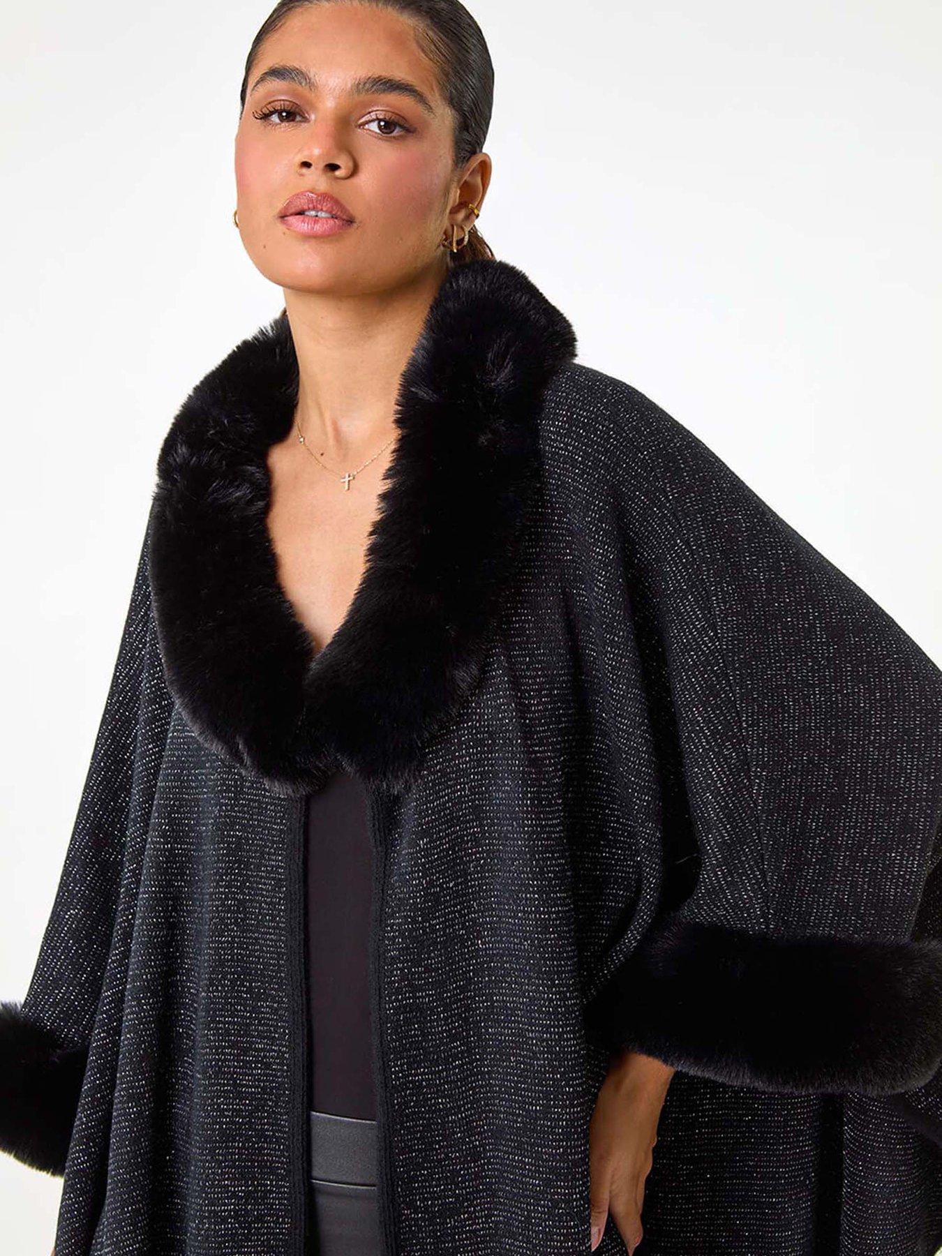  image of roman-faux-fur-button-up-poncho-black