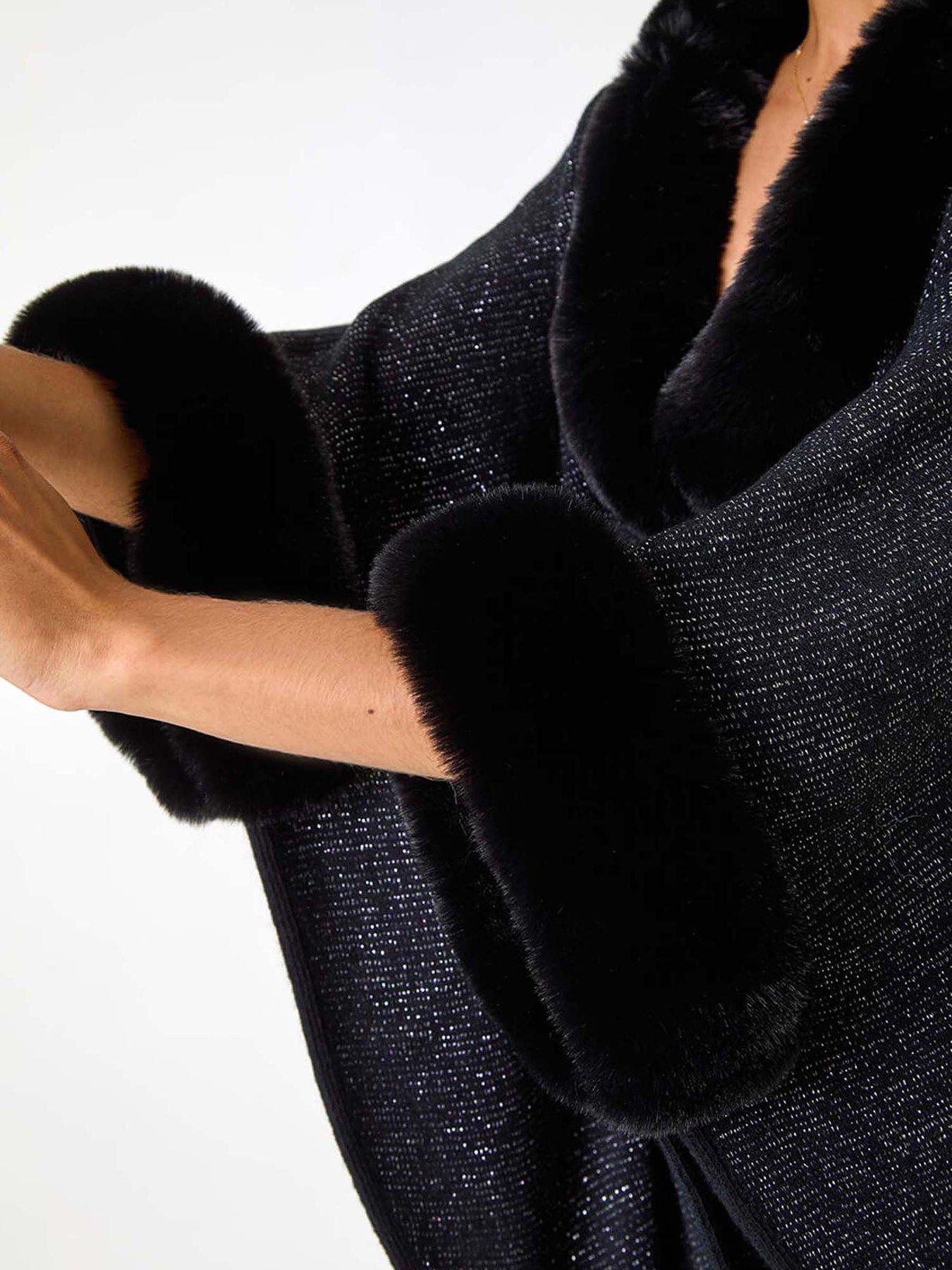  image of roman-faux-fur-button-up-poncho-black