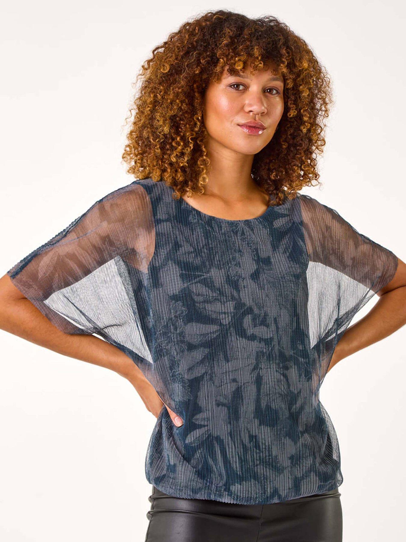 roman-floral-plisse-bubble-hem-top-grey