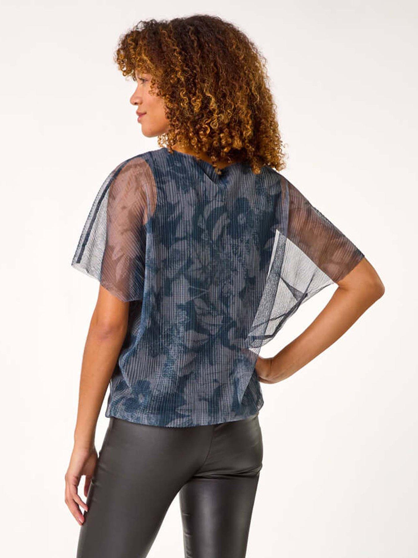  image of roman-floral-plisse-bubble-hem-top-grey