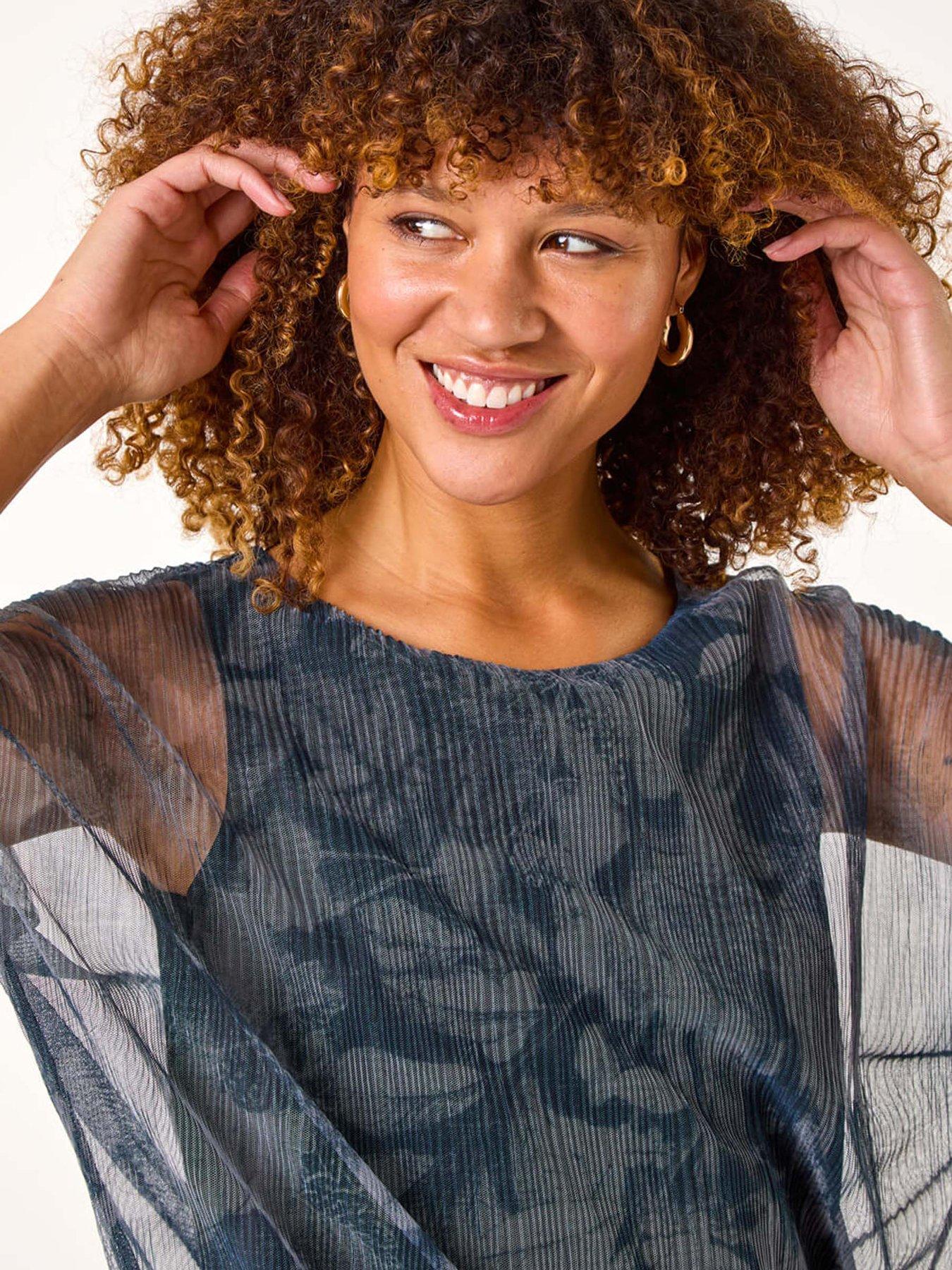  image of roman-floral-plisse-bubble-hem-top-grey