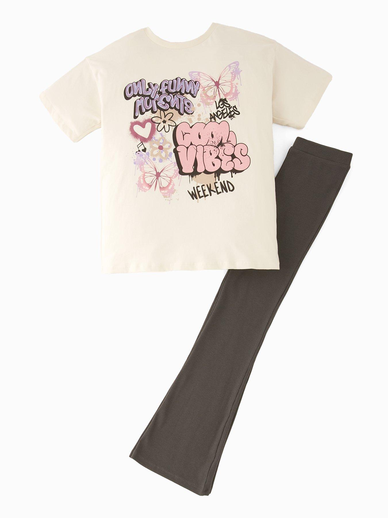V by Very Girls Graffiti T-shirt And Flare Leggings - White