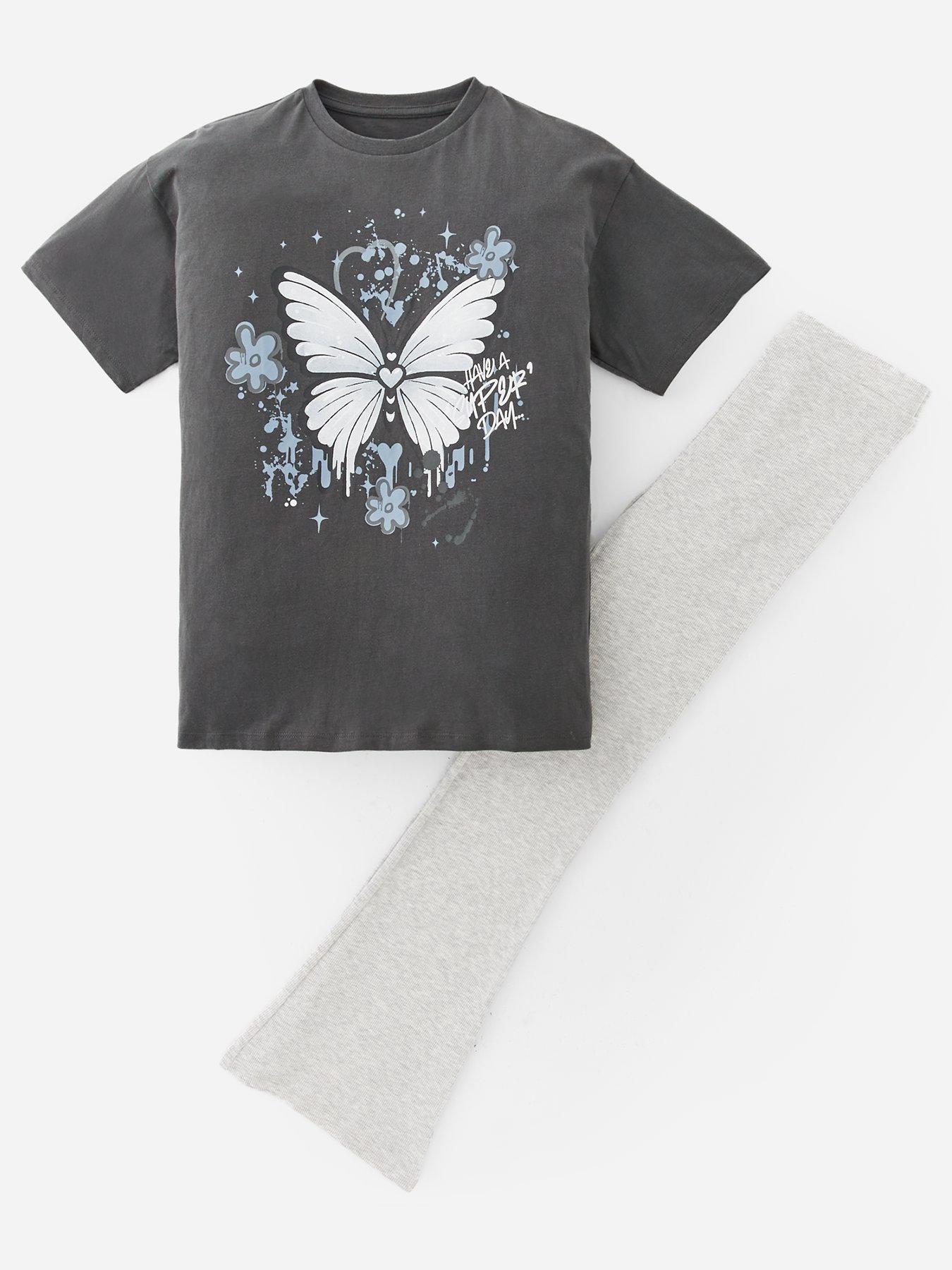 Image 1 of 4 of V by Very Girls Butterfly T-Shirt And Flare Legging - Charcoal Grey