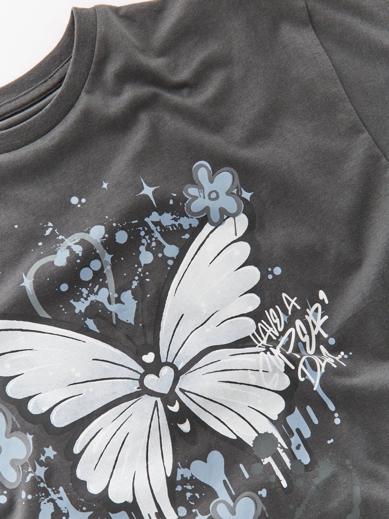 Image 4 of 4 of V by Very Girls Butterfly T-Shirt And Flare Legging - Charcoal Grey