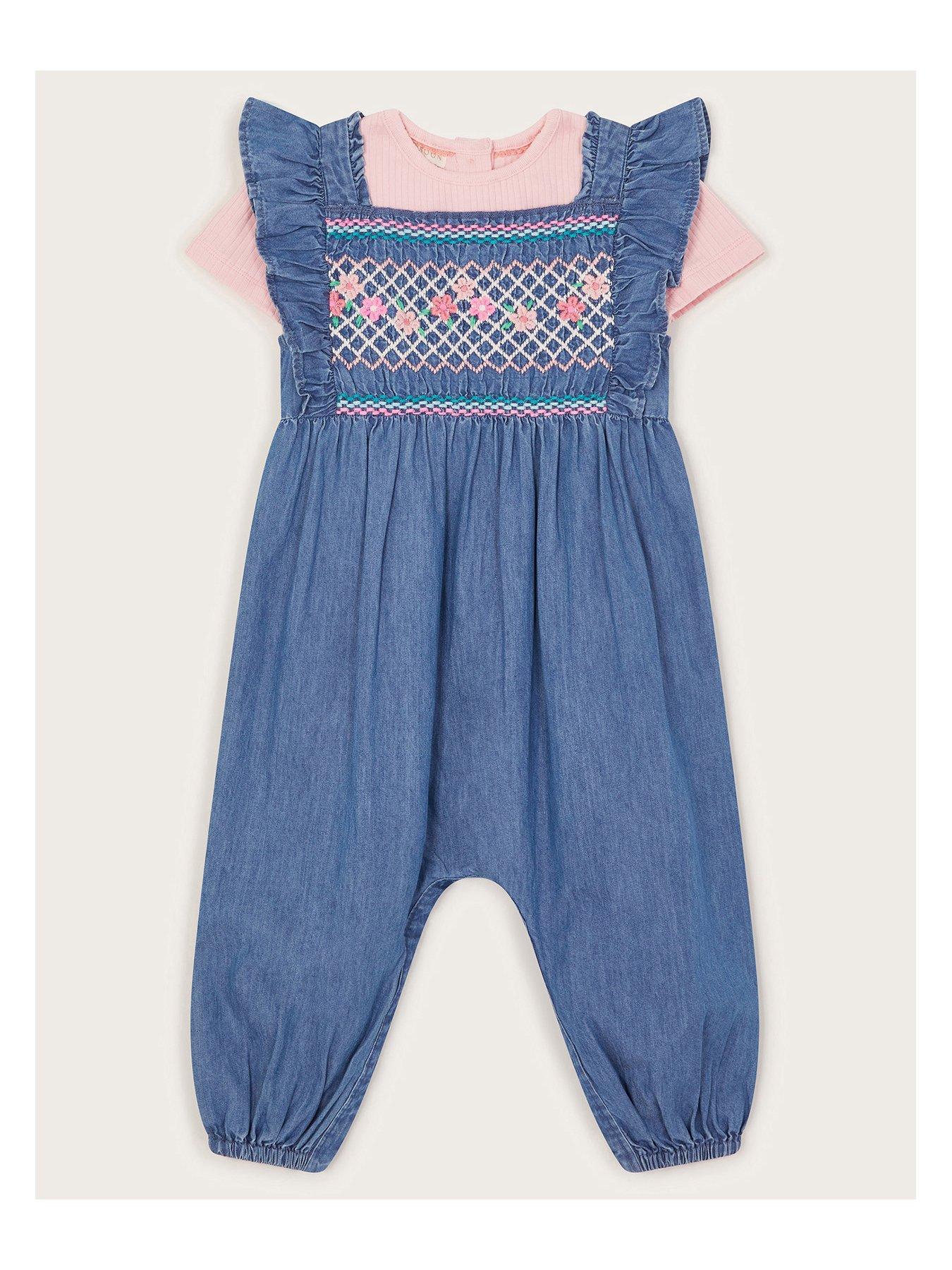  image of monsoon-baby-girls-chambray-embroidered-romper-blue