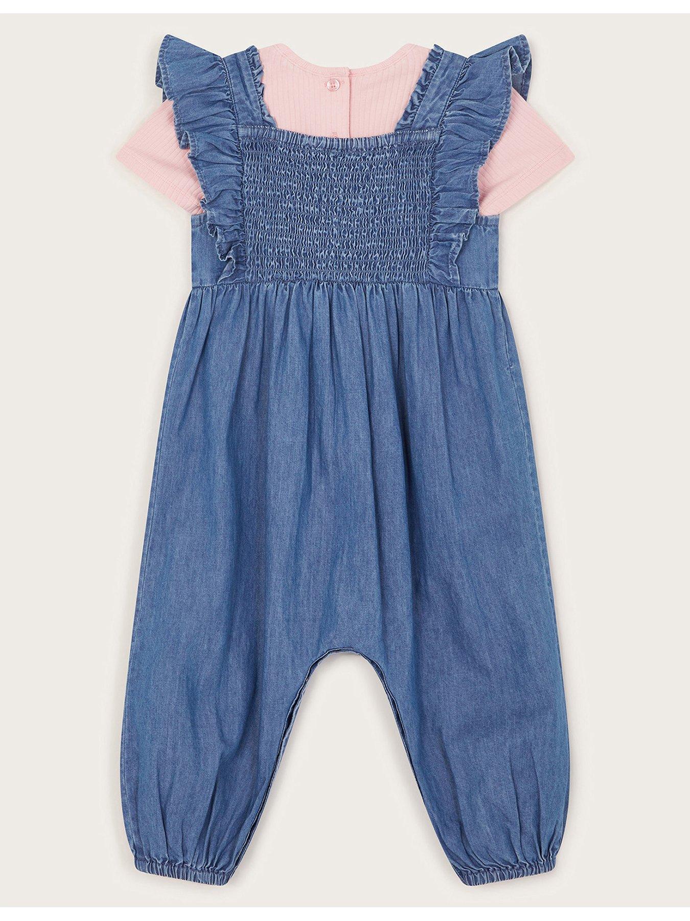 image of monsoon-baby-girls-chambray-embroidered-romper-blue