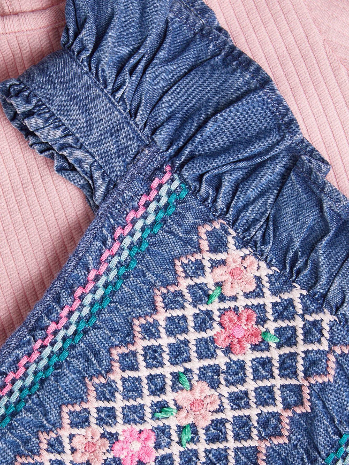  image of monsoon-baby-girls-chambray-embroidered-romper-blue