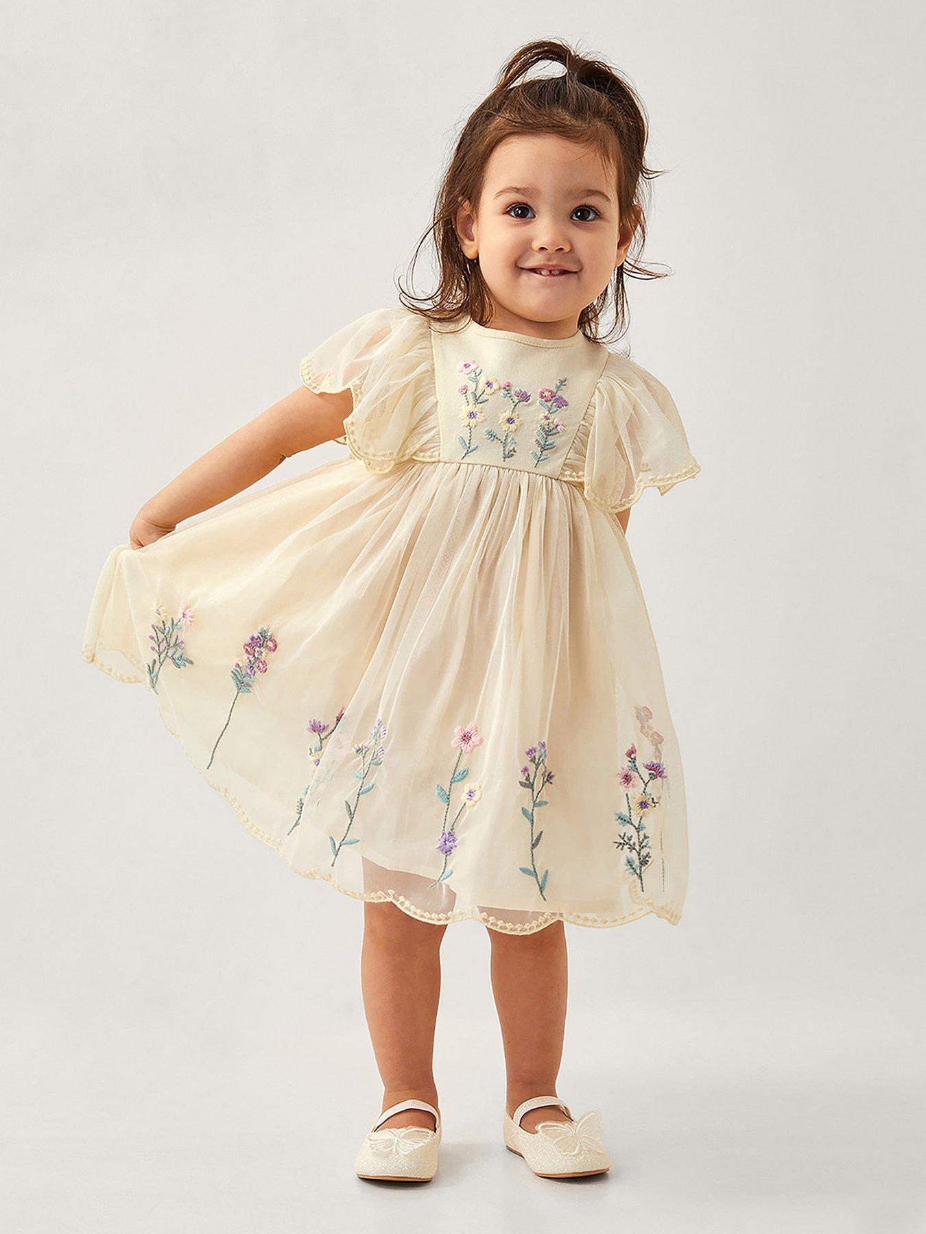 undefined Baby Girls Floral Embroidered Tulle Dress - Light Cream