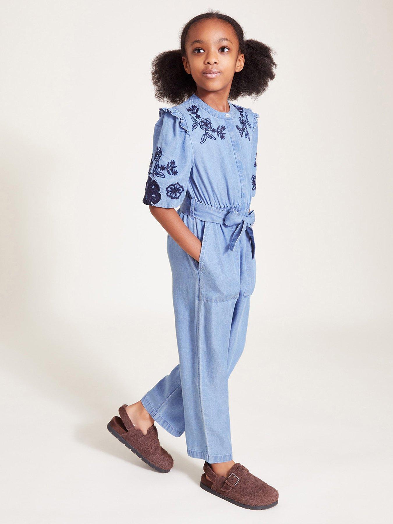  image of monsoon-girls-floral-embroidered-chambray-jumpsuit-blue