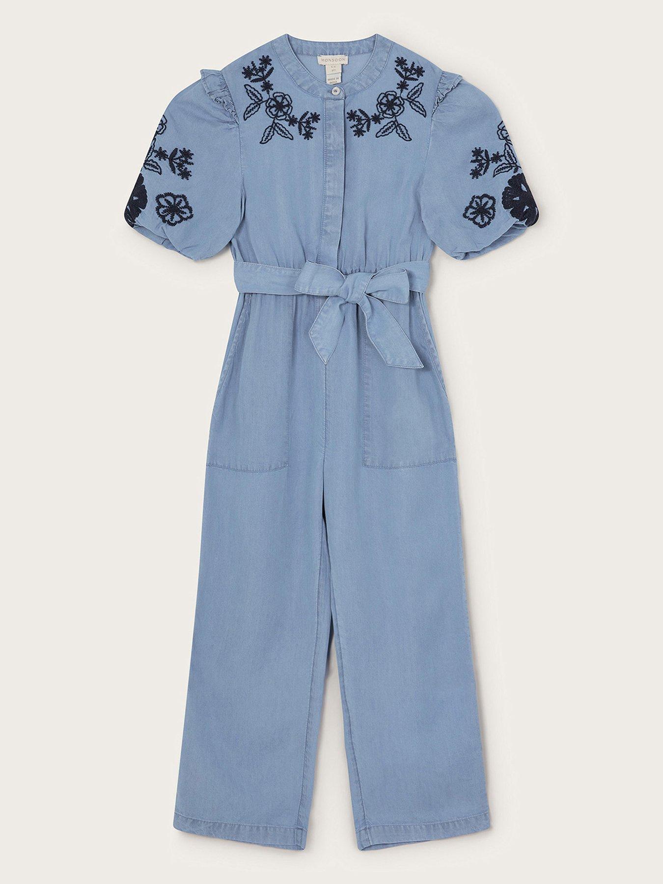  image of monsoon-girls-floral-embroidered-chambray-jumpsuit-blue