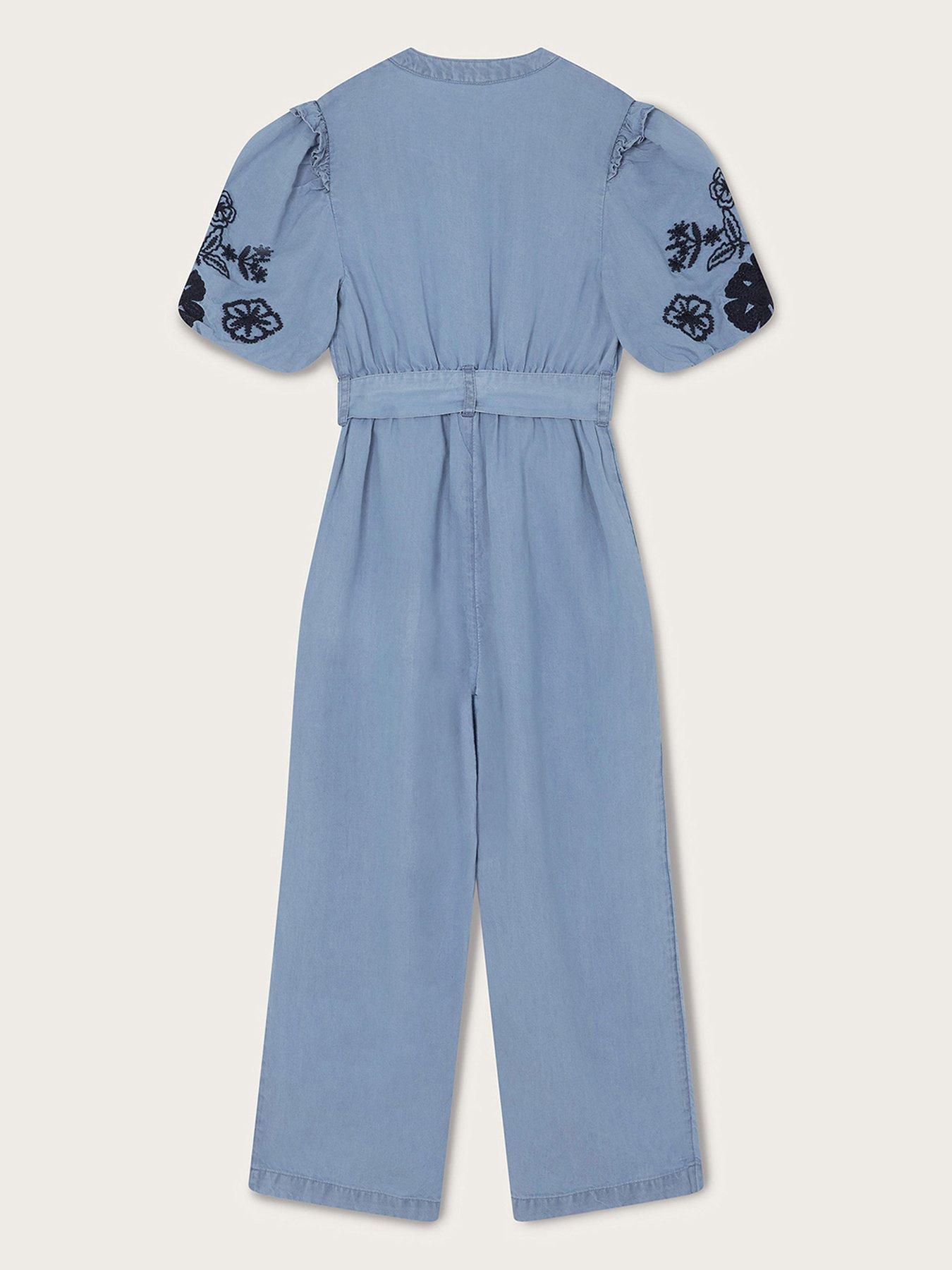  image of monsoon-girls-floral-embroidered-chambray-jumpsuit-blue
