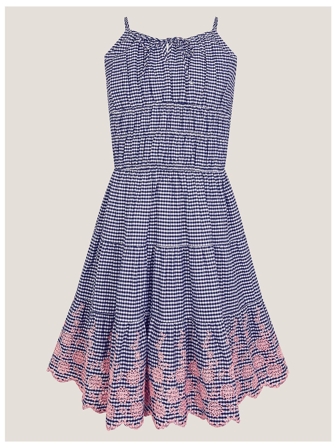 undefined Girls Embroidered Gingham Sun Dress - Navy