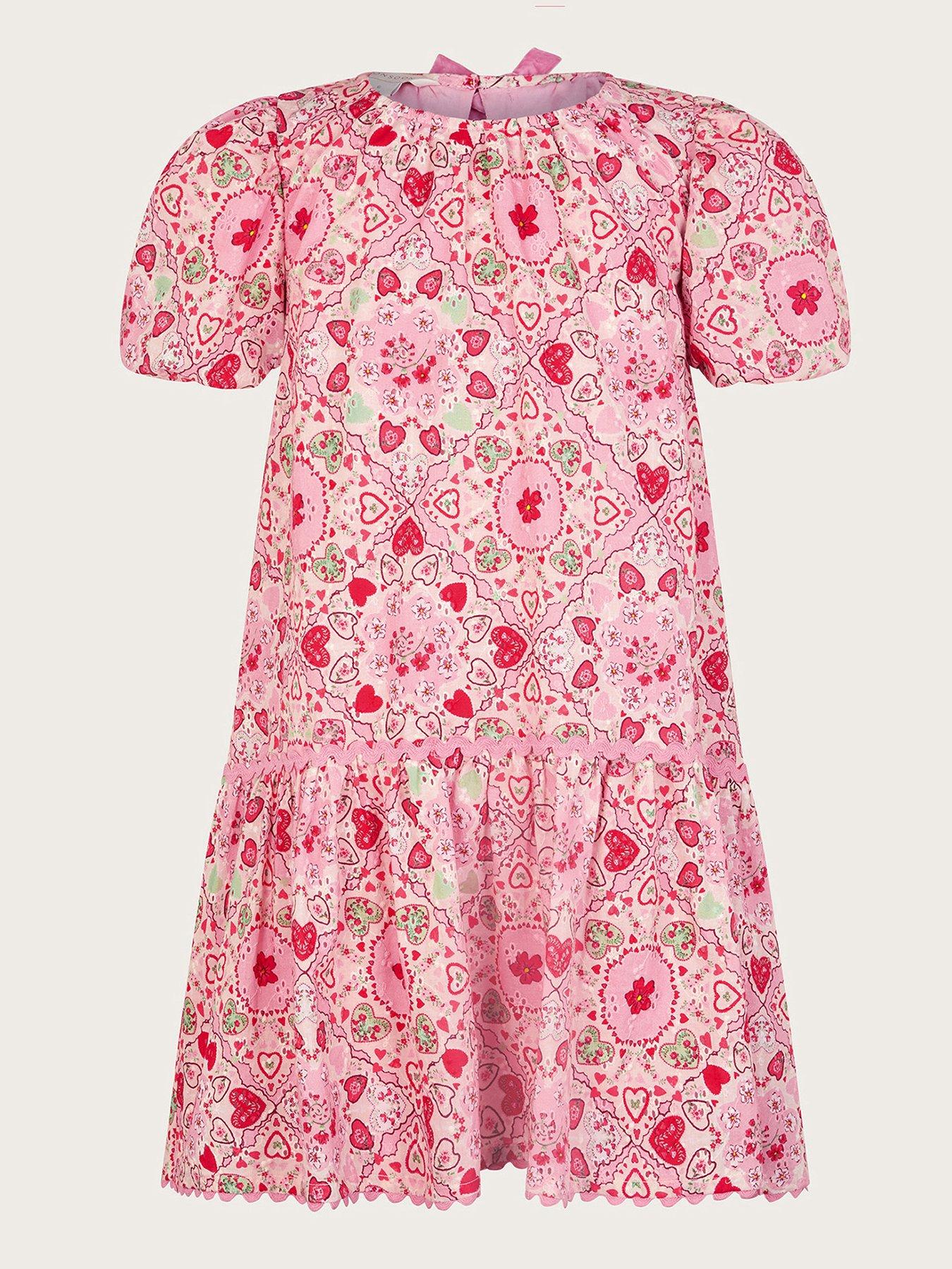undefined Girls Heart Print Puff Sleeve Dress - Pink