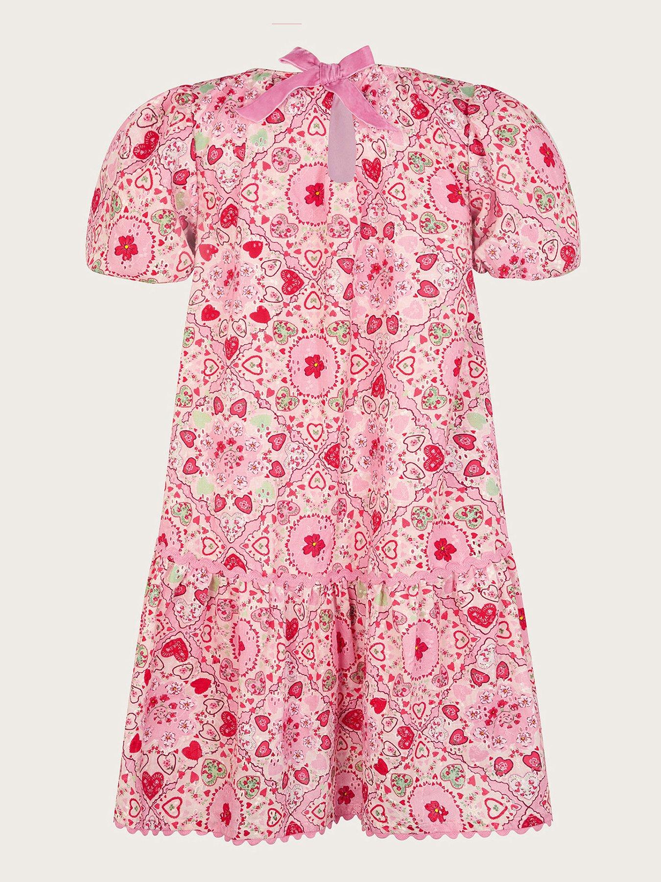  image of monsoon-girls-heart-print-puff-sleeve-dress-pink
