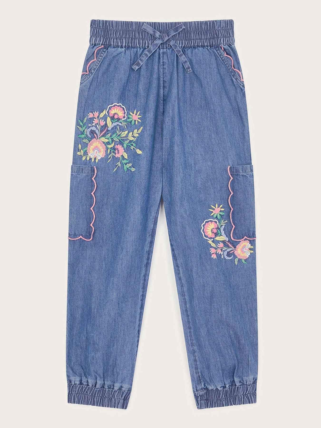  image of monsoon-girls-embroidered-chambray-cargo-trousers-blue
