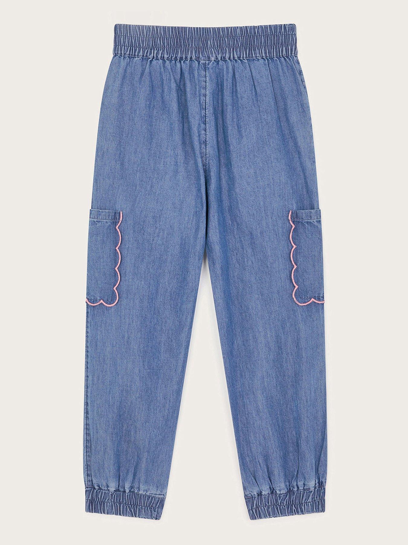  image of monsoon-girls-embroidered-chambray-cargo-trousers-blue