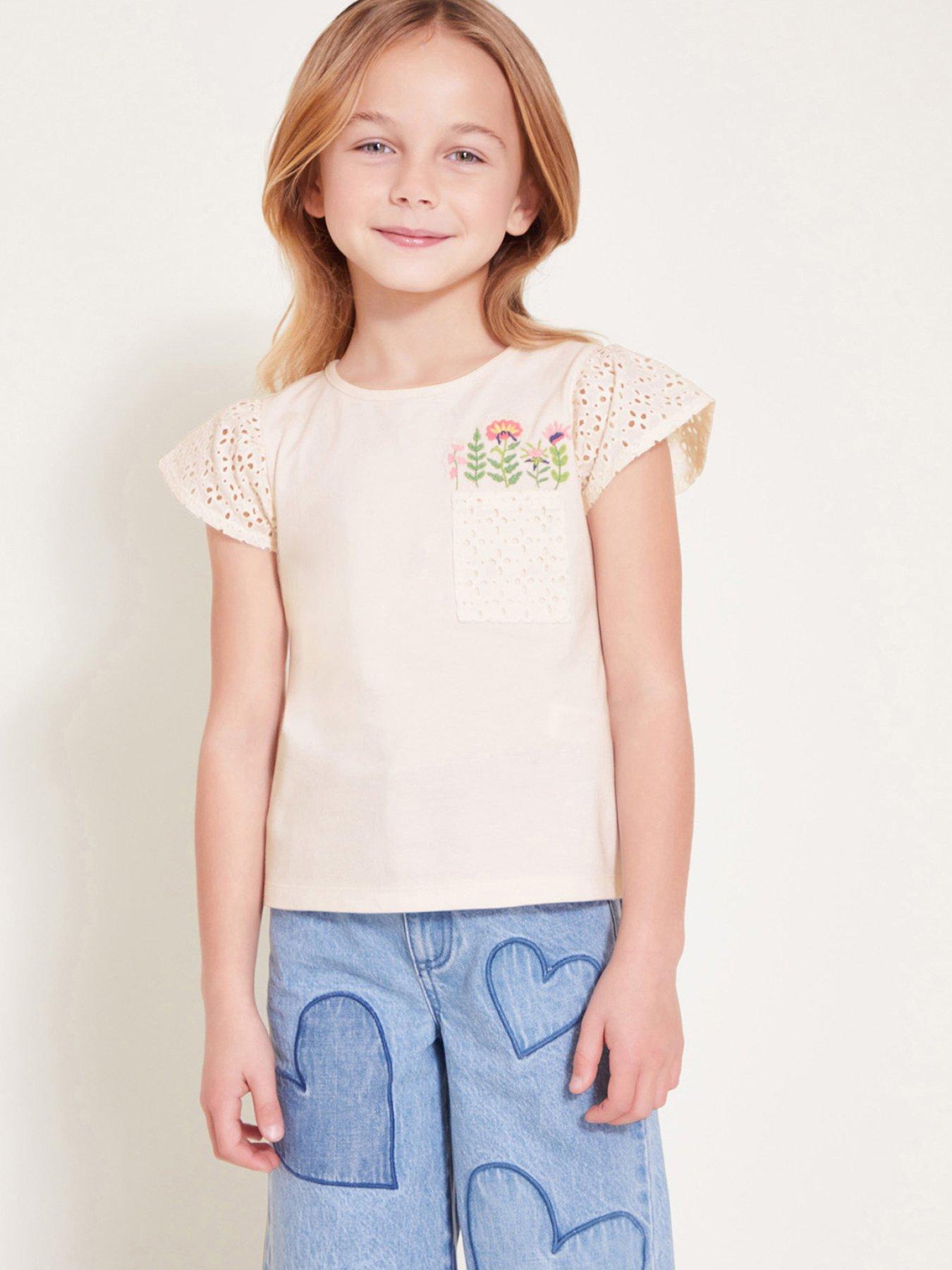 undefined Girls Floral Pocket Broderie T-shirt - Light Cream